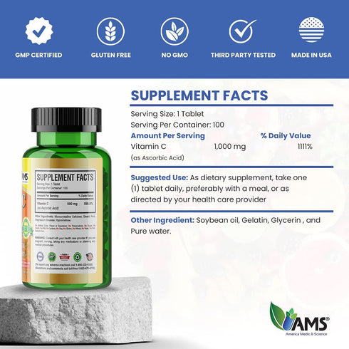 America Medic & Science Rapid-C, 500mg Vitamin C Supplement, 3 Pack of 100 Tablets, Daily Immune Support