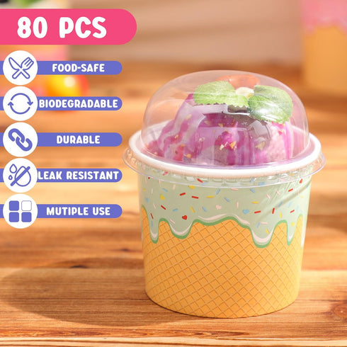 Jingmore 40 Count (6 oz) Paper Ice Cream Cups with Clear Dome Lids Disposable Dessert Cups Bulk Dessert Bowls Sundae
