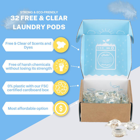 Free And Clear Eco Friendly Laundry Detergent Pods, 32 Pacs, Powerful Stain and Odor Removal, Biodegradable