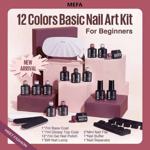 MEFA 19 Pcs Gel Nail Polish Kit with U V Light, 12 Colors Burgundy Red Gel Polish Set Champagne Gold Glitter Nail Polish Gel Soak Off Purple Manicure Tools Beginners Salon Nails Art DIY for Women