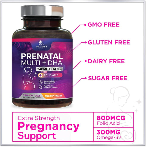 Women's Prenatal Multivitamin with Folic Acid + DHA, 240 Softgels for Fetal Support, Non-GMO