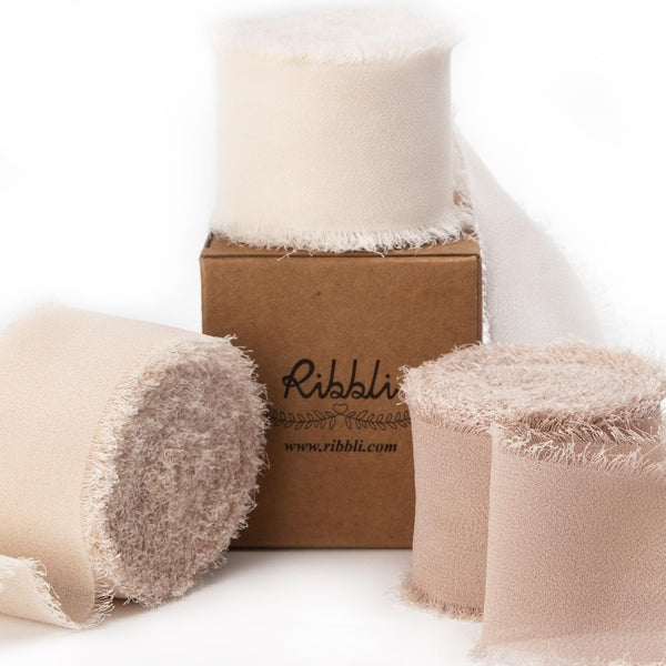 Ribbli Chiffon Ribbon 1.5 Inch x 30 Yard Handmade Silk Ribbon, Cream/Champagne/Beige for Wedding Invitations, Bouquets