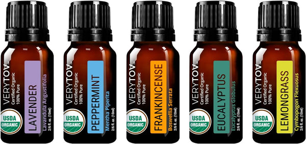 Premium USDA Organic Essential Oils Set - 100% Pure Natural Undiluted, for