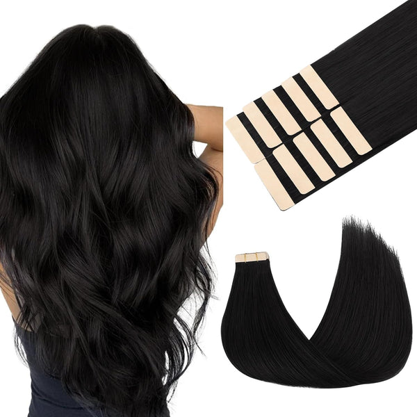 Tape in Hair Extensions Human Hair | 1B Natural Black 14 Inch 25g 10pcs Thick Ends Remy Seamless Extensions