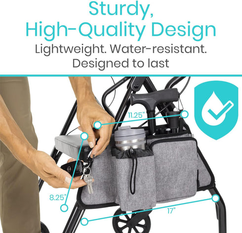 Vive Side Bag for Rollators, Wheelchairs, Walkers - Tote Organizer with Phone Pocket - Storage Travel Pouch - Small