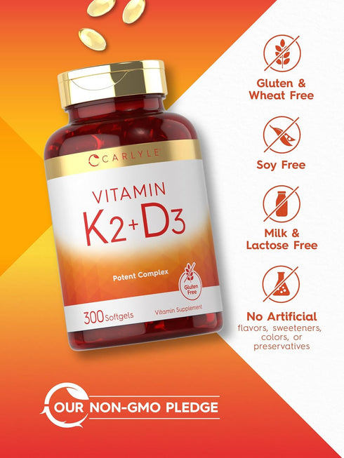 Carlyle Vitamin K2 and D3 Supplement - 300 Softgels, 200mcg K2 MK7 & 250mcg D3, Non-GMO, Gluten Free