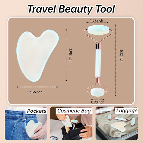 Opal Gua Sha and Face Roller, Real Jade Facial Tools Set for Puffiness, Neck Tension Relief, Beauty Massager