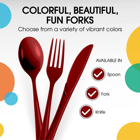 50 Pcs Disposable Burgundy Plastic Forks, Heavy Duty Burgundy Cutlery for Parties, Exquisite Flatware