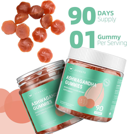 AFXMATE Ashwagandha Gummies for Women - Magnesium Glycinate Supplement, Sugar Free, Vegan, Gluten Free (90 Gummies)