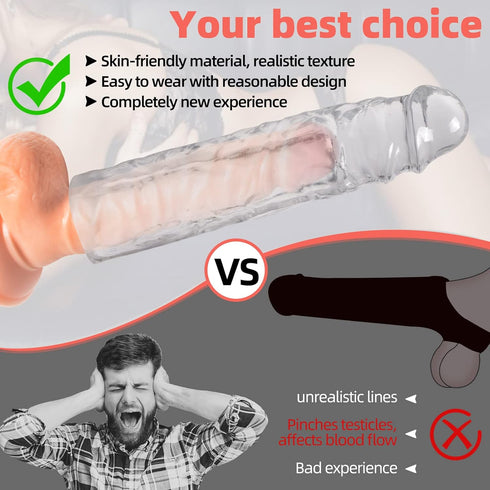Reusable Clear Penis Sleeve Extender Realistic Textured Cock Extender Body-Safe Stretchy Ultra-Soft Material Cock