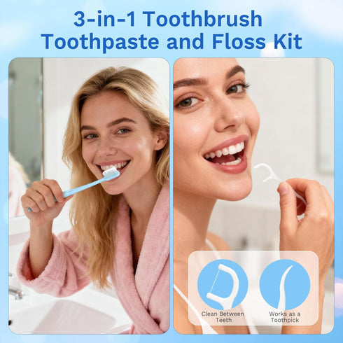 Packaged, (30-Pack) Disposable Toothbrushes with Toothpaste, Travel Toothbrush Kit, Individually Light Blue, with Floss