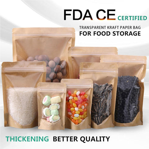 50pcs Kraft Bags with Window, Clear Front Pouches, Resealable Stand Up Zip Lock Food Storage Bags, Brown