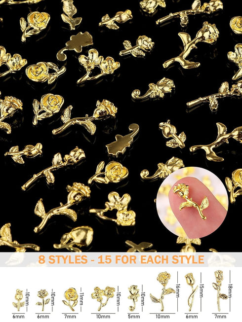 TOROKOM 120 PCS 3D Gold Rose Nail Art Charms - Romantic Flowers Nails Decorations Alloy Nail Charms for Girls Women DIY