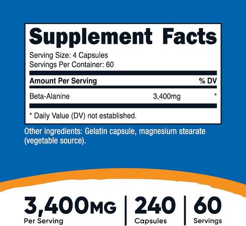 Nutricost Beta-Alanine Capsules 3400mg, 240 Capsules (60 Serv) - Non-GMO, Gluten Free & Potent Beta Alanine