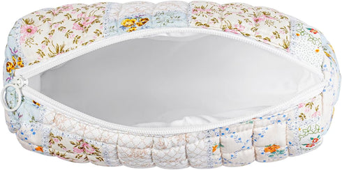 Quilted Cotton Makeup Bag, Coquette Floral Toiletry Bag for Women and Girls, Cute Kawaii Travel Cosmetic Pouch (03 Pink