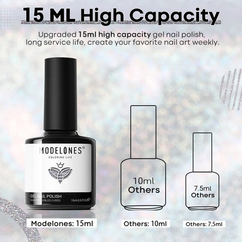 modelones Sparkle Silver Glitter Gel Nail Polish Set, 15 ML Soak Off Chrome Platinum for DIY Manicure Nail Art Gift