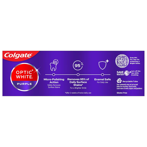 Colgate Optic White Purple Toothpaste, Mint Paste, 4.2 oz, Teeth Whitening with Fluoride, Enamel-Safe, Removes Surface