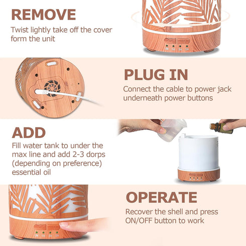 Office,300ML Essential Oil Diffuser Metal Aromatherapy Oil Diffusers for Large Room,Water Plants Pattern Ultrasonic