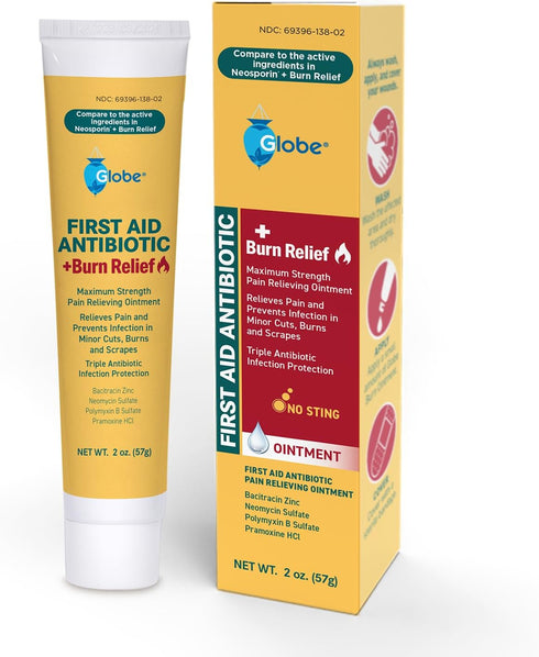 Globe Dual Action Burn Relief & First-Aid Antibiotic Ointment, 24-Hour Infection Protection with Maximum Strength Pain