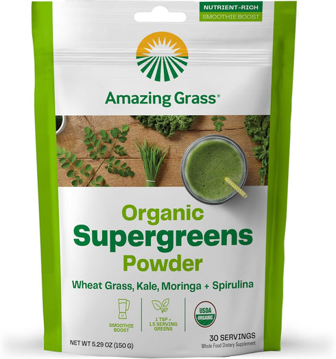 Amazing Grass Super Greens Booster, Greens Powder Smoothie Mix with Spirulina, Moringa, Wheat Grass & Kale, 30 Servings