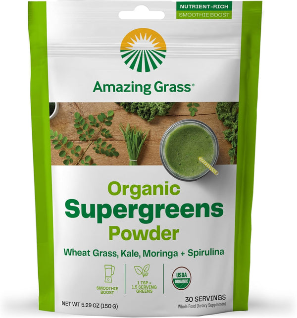 Amazing Grass Super Greens Booster, Greens Powder Smoothie Mix with Spirulina, Moringa, Wheat Grass & Kale, 30 Servings