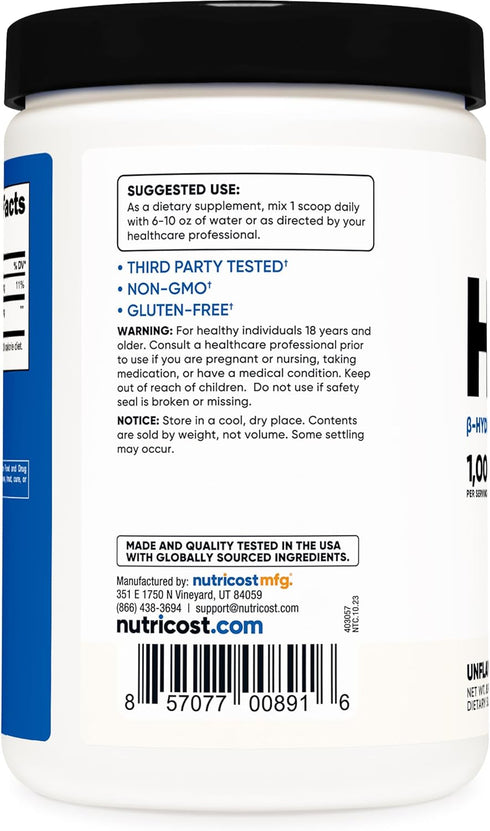 Nutricost HMB Powder, Beta-Hydroxy Beta-Methylbutyrate, 250 Grams, Gluten Free, Non-GMO