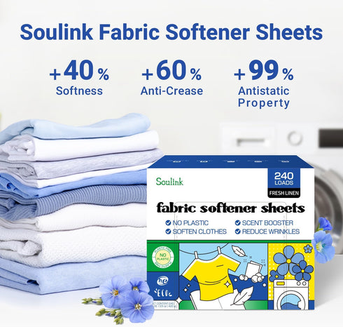 Fabric Softener Sheets for Washing Machine, Fresh Linen Scent, No Plastic Jug Soap Strips, Up to 240 Loads