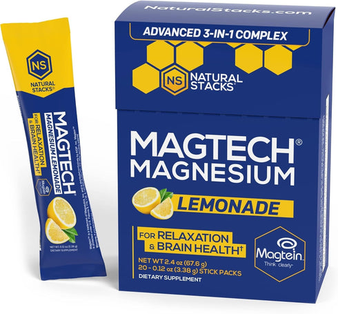 MagTech Magnesium Lemonade Drink Mix - Chelated Magnesium Complex, 20 Stick Packs