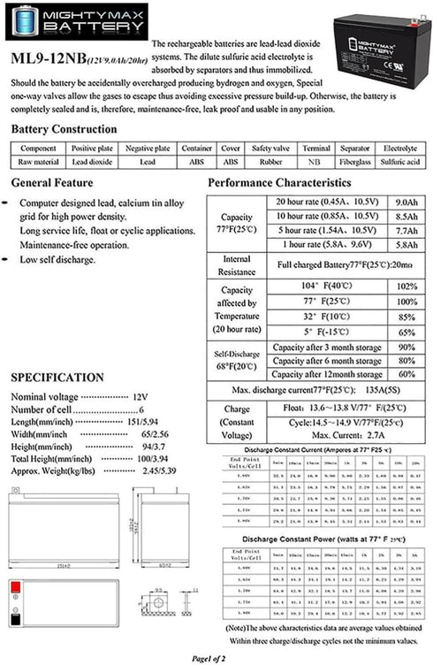 Mighty Max Battery ML9-12NB -12 9 Volt AH, Nut and Bolt (NB) Terminal, Rechargeable SLA AGM Battery