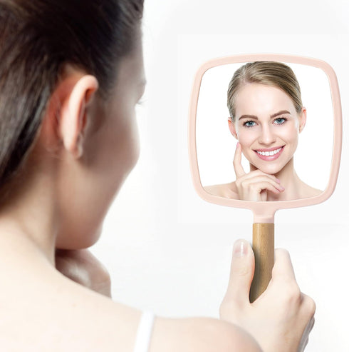 YEAKE Hand Held Mirror with Handle, Small Cute Wood Mirror for Shaving, Portable Travel Vanity (Square, Pink, 1Pack)
