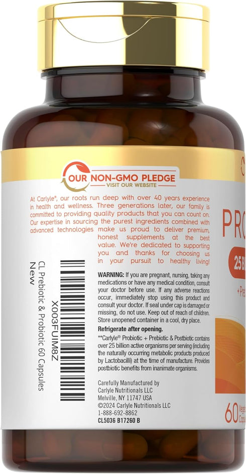 Carlyle Prebiotic & Probiotic | 25 Billion CFU | 60 Capsules | Vegetarian, Non-GMO & Gluten Free for Women & Men