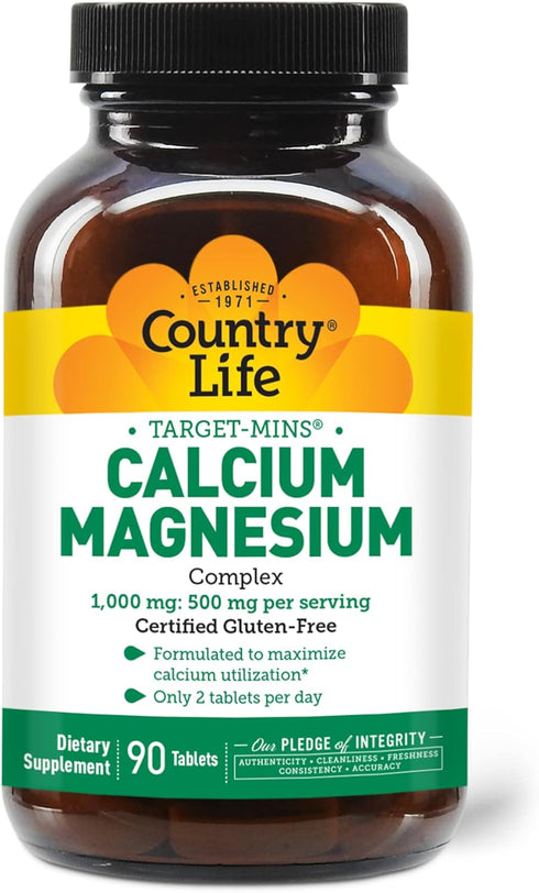 Country Life Target-Mins Calcium Magnesium Complex 1000mg/500mg - 90 Tablets, Certified Vegan & Gluten Free