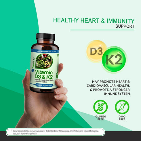 True Booster for Health Vitamin D3 & K2 Capsules - 125mcg D3 (5000 IU) & 90mcg K2 - Heart, Bone, and Immune Support - 120 Vegetarian Capsules - Easy-to-Swallow - Dietary Supplement.