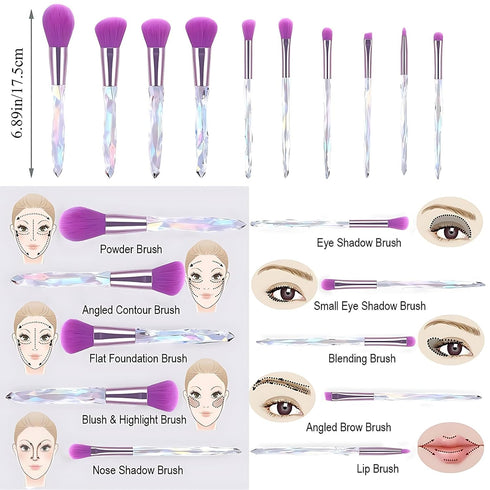 Kingtree Makeup Brush Set, 10PCS Crystal Makeup Brushes, Premium Synthetic Foundation, Blush, and Eye Shadow Kit