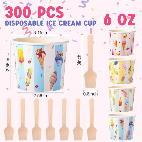Ninehaoou 300 Sets 6 oz Frozen Ice Cream Cups Bulk with Spoons Disposable Dessert Bowls Colorful Ice Cream Bowls