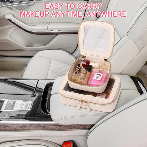 Clear Mini Makeup Bag, Transparent Travel Cosmetic Case & Toiletry Bag for Women, Clear Car Bag (C/Beige, MINI)