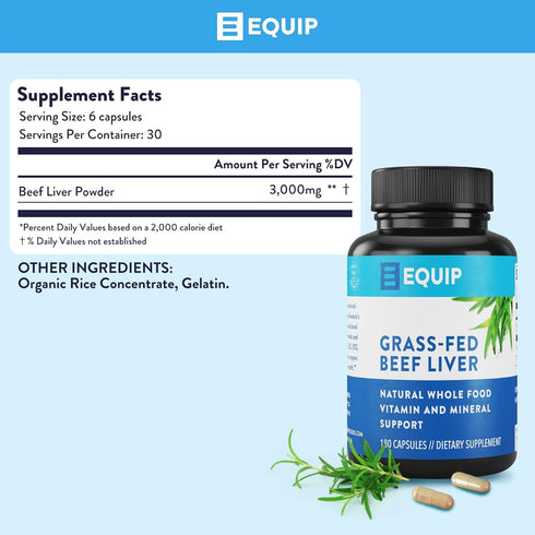 Equip Foods Grass-Fed Beef Liver - Natural Desiccated Beef Liver Supplement for Heart Health, 180 Capsules