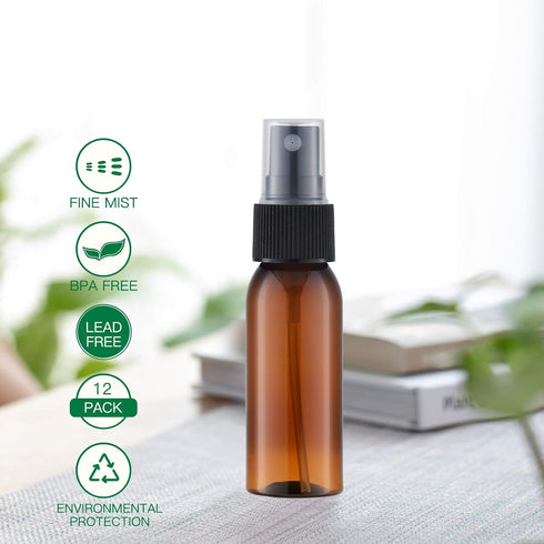 LISAPACK 1oz Amber Small Plastic Spray Bottle, 12 Pack, Mini Fine Mist Travel Size Atomizer, Brown