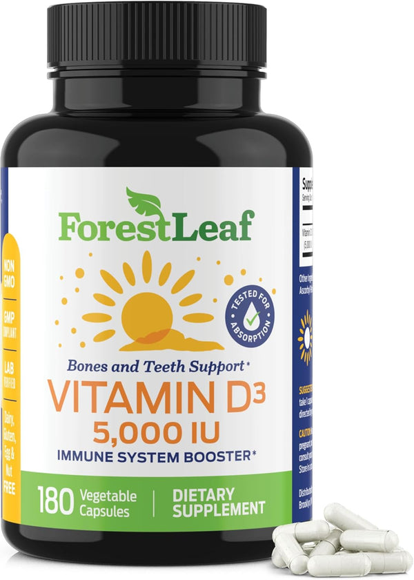 ForestLeaf Vitamin D3 5000 IU, Bone Health and Immune Support, 180 Easy to Swallow Vegetable Capsules