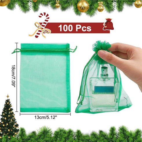 PH PandaHall 100pcs Organza Bags, 5x7 inch Jewelry Pouches, Gift Bags, Sheer Bag with Drawstring, Green Mesh Bag