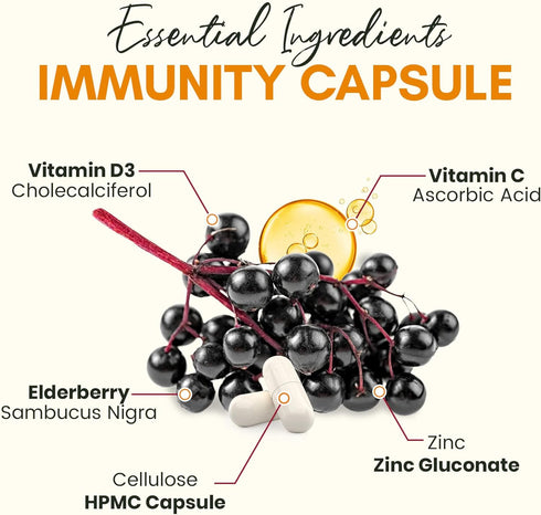 Immune Support Supplement | Elderberry Capsules with Vitamin D3, C & Zinc for Immune Boost