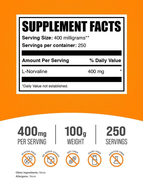 BulkSupplements.com L-Norvaline Powder 400mg - Nitric Oxide Supplement, 100g (3.5 oz)