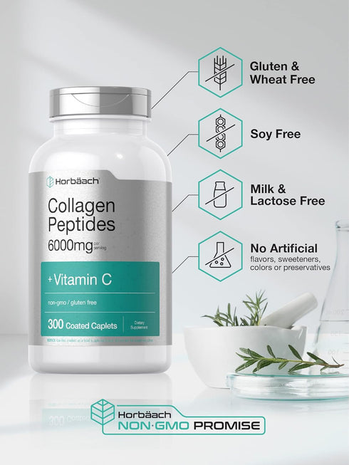 Horbaach Collagen Peptides 6000mg - 300 Caplet Pills, with Vitamin C, Hydrolyzed Collagen Supplement