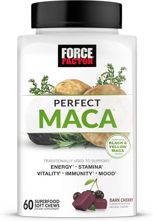 FORCE FACTOR Perfect Maca Supplement with Saffron, Maca Root, and DIM - Dark Cherry Flavor, 60 Soft Chews