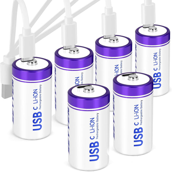 seyyen Rechargeable Lithium C Batteries 6 Pack, 1.5V C Cell Batteries with 4