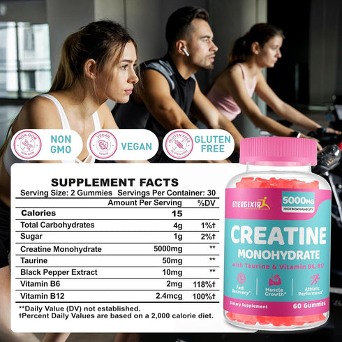 Creatine Monohydrate Gummies - 5000mg Creatine for Women, Pre Workout Chewables with Taurine & B6 - 60 Count
