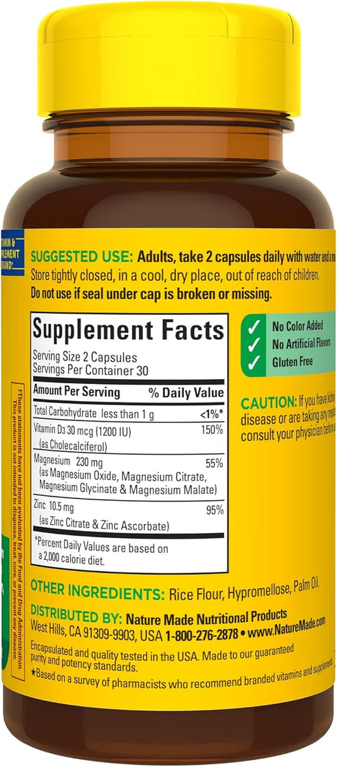 Nature Made Magnesium Complex with Vitamin D3 & Zinc, 60 Capsules, Muscle, Nerve, Heart & Bone Support