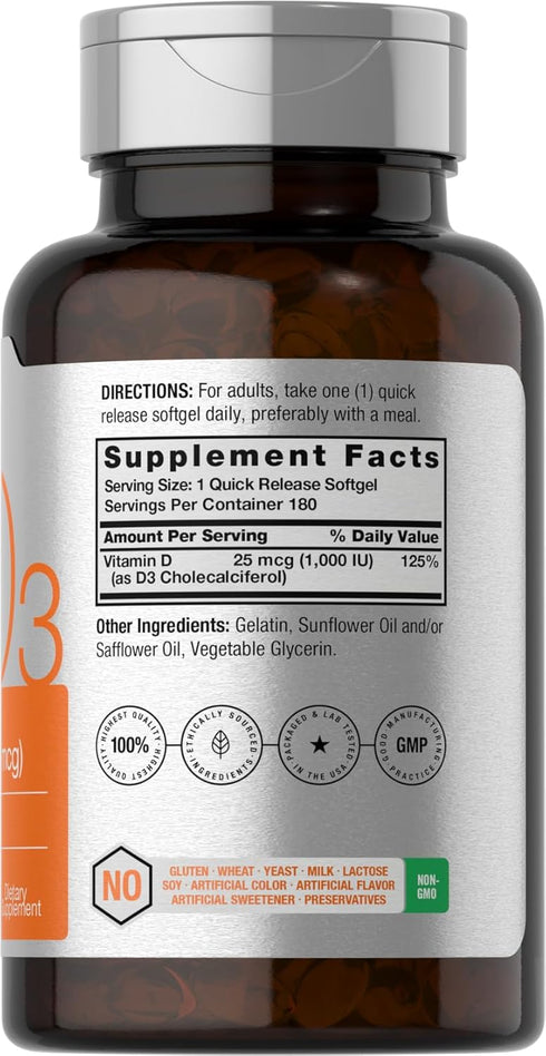 Horbaeach Vitamin D3 1000IU Softgels (25mcg) | 180 Count | Non-GMO, Gluten Free Supplement