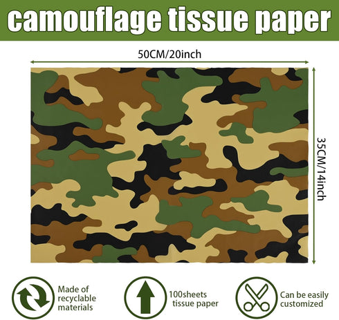 100 Sheets 20 * 14 Inches Camo Tissue Paper for Gift Wrapping, Green Black Camouflage Tissue Paper for Gift Bags for Birthday Camping Themed Party Retirement Hunting Party DIY Craft by Bolsome