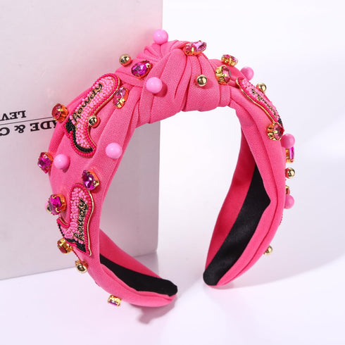 Hot Pink Knotted Headband, Western Cowgirl Accessories for Women, Beaded Cowboy Boot Embellished Headband
